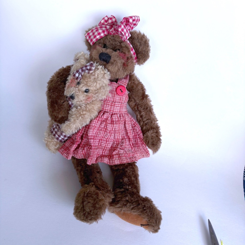 Teddy Bear Plush w Baby Bear Red Gingham Dress Cottage Primitive Decor